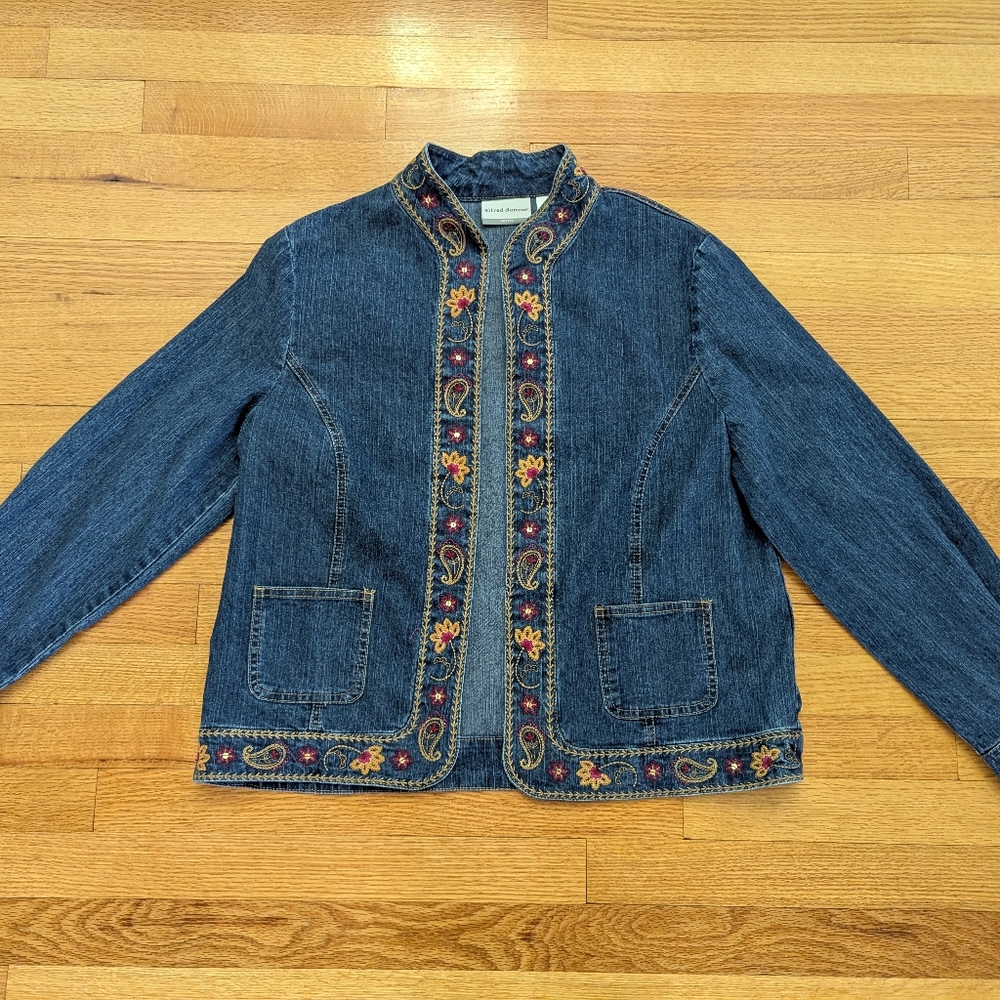 Alfred Dunner Jacket Women's 12P  Long Sleeve Open Front Embroidered Denim Jean